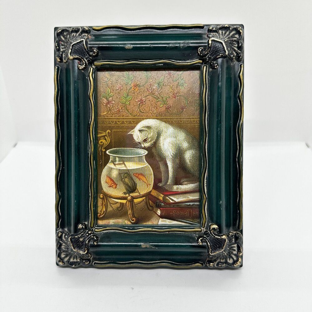 Vintage Plastic "Wood" Framed Postcard Cat Fishbowl Art Print